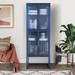Latitude Run® Stylish 4-Door Tempered Glass Cabinet w/ 4 Glass Doors Adjustable Shelves Glass/Metal in Blue | Wayfair