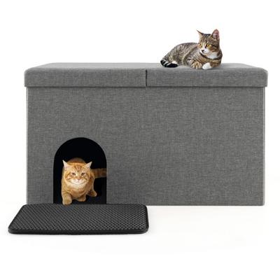 Costway Cat Litter Box Enclosure Hidden Furniture with Urine Proof Litter Mat-Gray