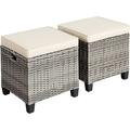 KUF 2 Pieces Patio Rattan Ottomans Outdoor Wicker Footstool Footrest Seat with Soft Cushions and Steel Frame All-Weather Patio Ottoman Set for Backyard Garden Poolside (White)