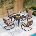 7PCS Outdoor Patio Dining Set 6 Spring Motion Chairs with Cushion 1 Rectangular Expandable Table Porch Lawn Backyard Garden Furniture Sets Burgundy