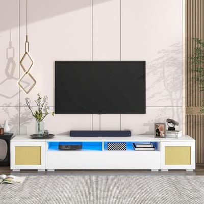 Rattan Style Entertainment Center with Push to Open Doors for TVs Up to 90"