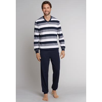 Pyjama SCHIESSER "Dark Sapphire", Herren, Gr. 48 (S), blau (803, dunkelblau), Single Jersey, Obermaterial: 100% Baumwolle, unifarben, gestreift, casual, bequem lang, V-Ausschnitt, Langarm angesetztes Bündchen, Homewear-Sets, mit Blockringeln Image