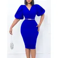 Robe Slim Fit pour Femme Manches Bulles Col en V Hanche Jumelée avec Ceinture Grande Taille