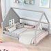 Full Size Kid's Bed, Wood House Bed with Window and Fence - Playful Design, Sturdy Pine Wood Construction, Gray/White