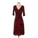 DressBarn Casual Dress - Sheath V-Neck 3/4 sleeves: Red Print Dresses - Women's Size 4