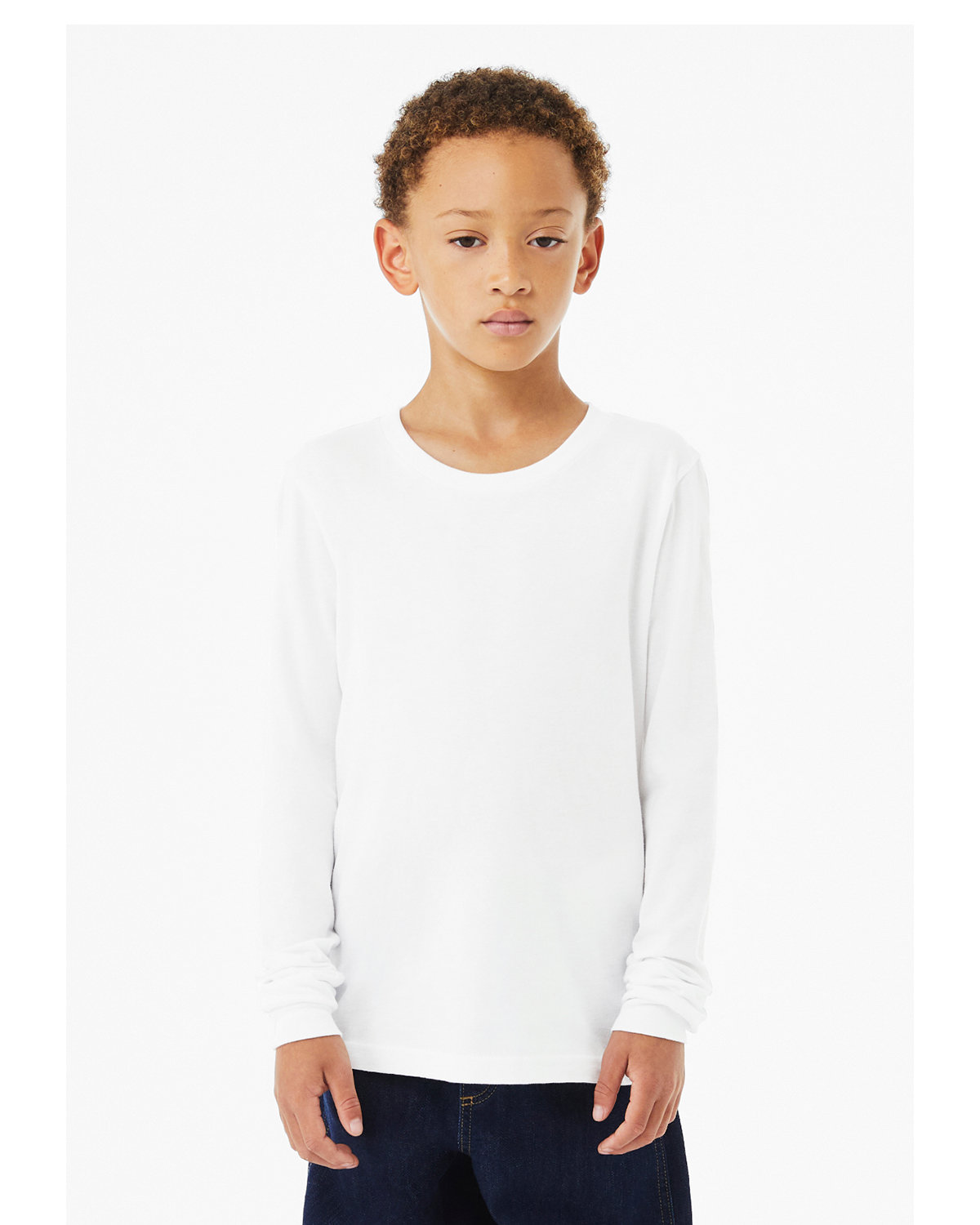 Bella + Canvas 3501YCV Youth Heather CVC Long-Sleeve T-Shirt in Solid White Blend size Small | 52% airlume combed,ringspun cotton, 48% polyester 3501YCVC