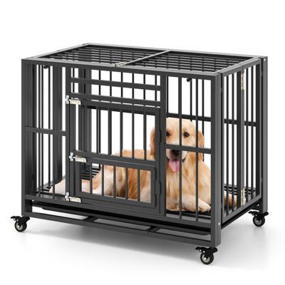 Costway Foldable Heavy-Duty Metal Dog Cage Chew-proof Dog Crate with Lockable Universal Wheels