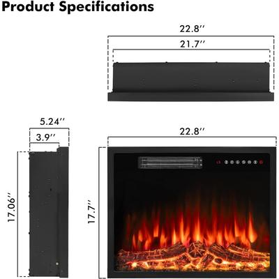BOSSIN 23 inch Electric Fireplace Insert,Recessed Mounted Fireplace Heater with Adjustable Flame,Timer 750/1500W