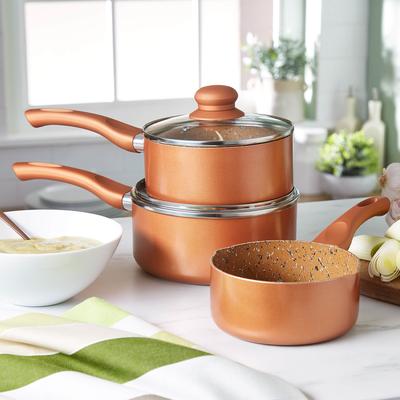 Set of 3 Copper Saucepans, Non-stick pans, Sizes: Large H13.5cm, Dia.18cm, Medium H13cm, Dia.16cm, Small H6.4cm, Dia.14cm