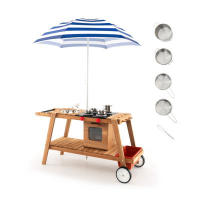 Costway Wooden Play Cart with Sun Proof Umbrella for Toddlers Over 3 Years Old-Blue