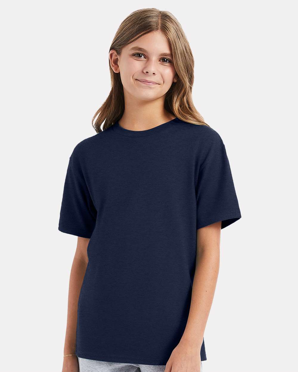Hanes 498Y Youth Perfect-T T-Shirt in Heather Navy Blue size XL | Ringspun Cotton