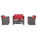 4-Seat Patio Wicker Sofa Outdoor All Weather Conversation Set PE Rattan Couch with Tempered Glass Coffee Table and Soft Cushions Red