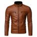 tklpehg Mens Long Sleeve Jacket Casual Leather Jacket Winter Casual Stand Collar Motorcycle Leather Jacket Coat Brown XXXXL