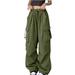 Clearance RYRJJ Parachute Pants for Women Y2K Baggy Cargo Pants Multi-Pockets Drawstring Elastic High Rise Pants Teen Girls Wide Leg Joggers Trousers Streetwear(Army Green XXL)