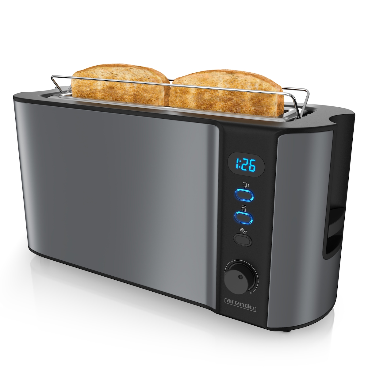 Arendo Toaster Langschlitz für 2 Scheiben, 1000 W, Brötchenaufsatz, Wärmeisoliert, Display, grau Image