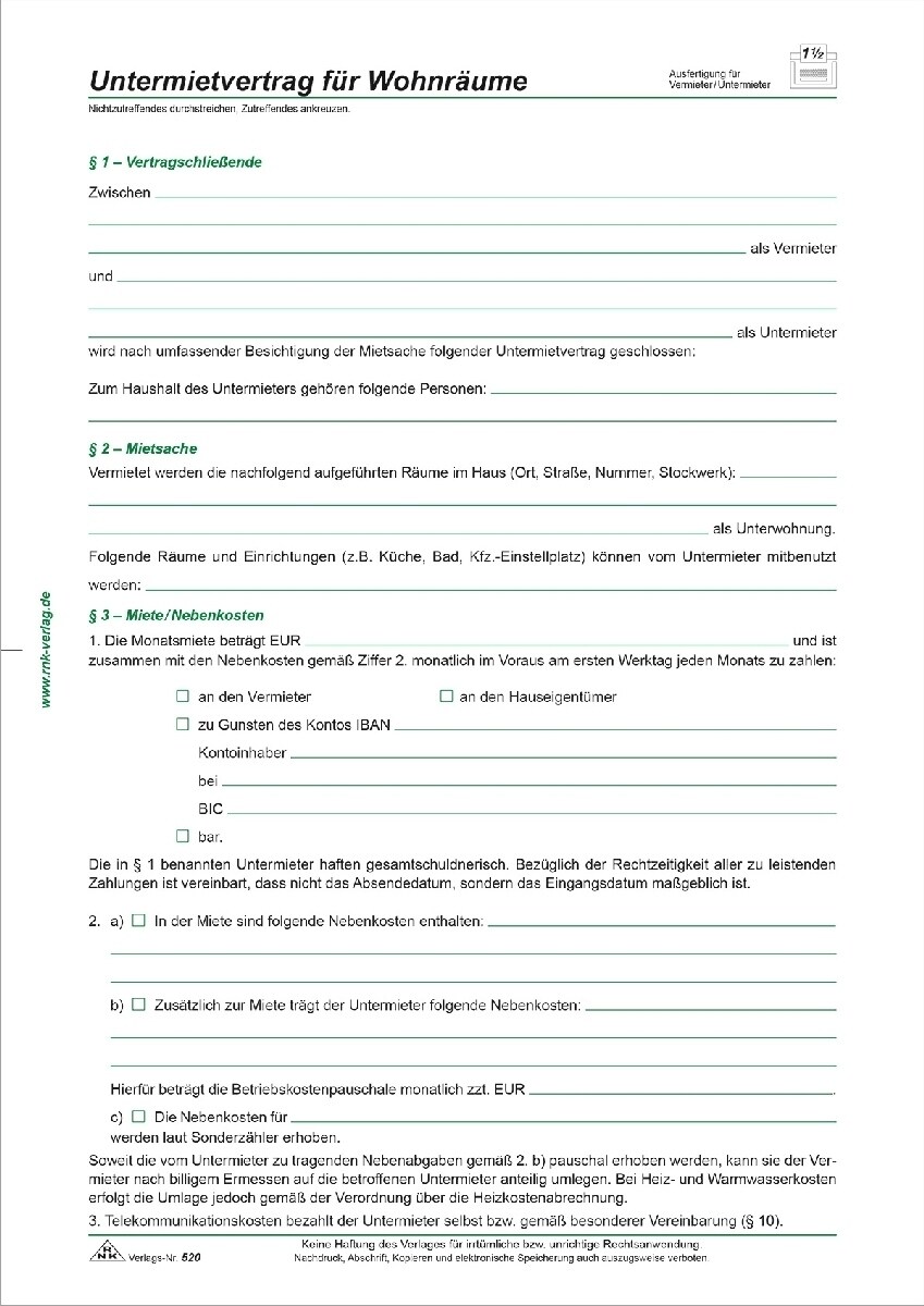 RNK Untermietvertrag für Wohnräume 4 Seiten A4 VE=10 Stück Image