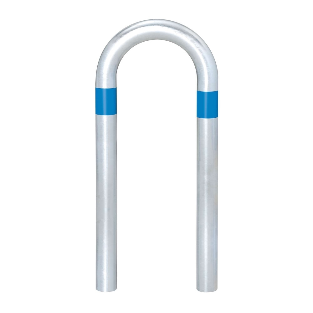 PROREGAL Reflektierender Stahlschutzbügel CITY mit blauen Streifen | Ladesäulen-Schutz zum Einbetonieren | HxBxT 80x36x16cm | Rohr-Ø 6cm | Silber/Blau Image