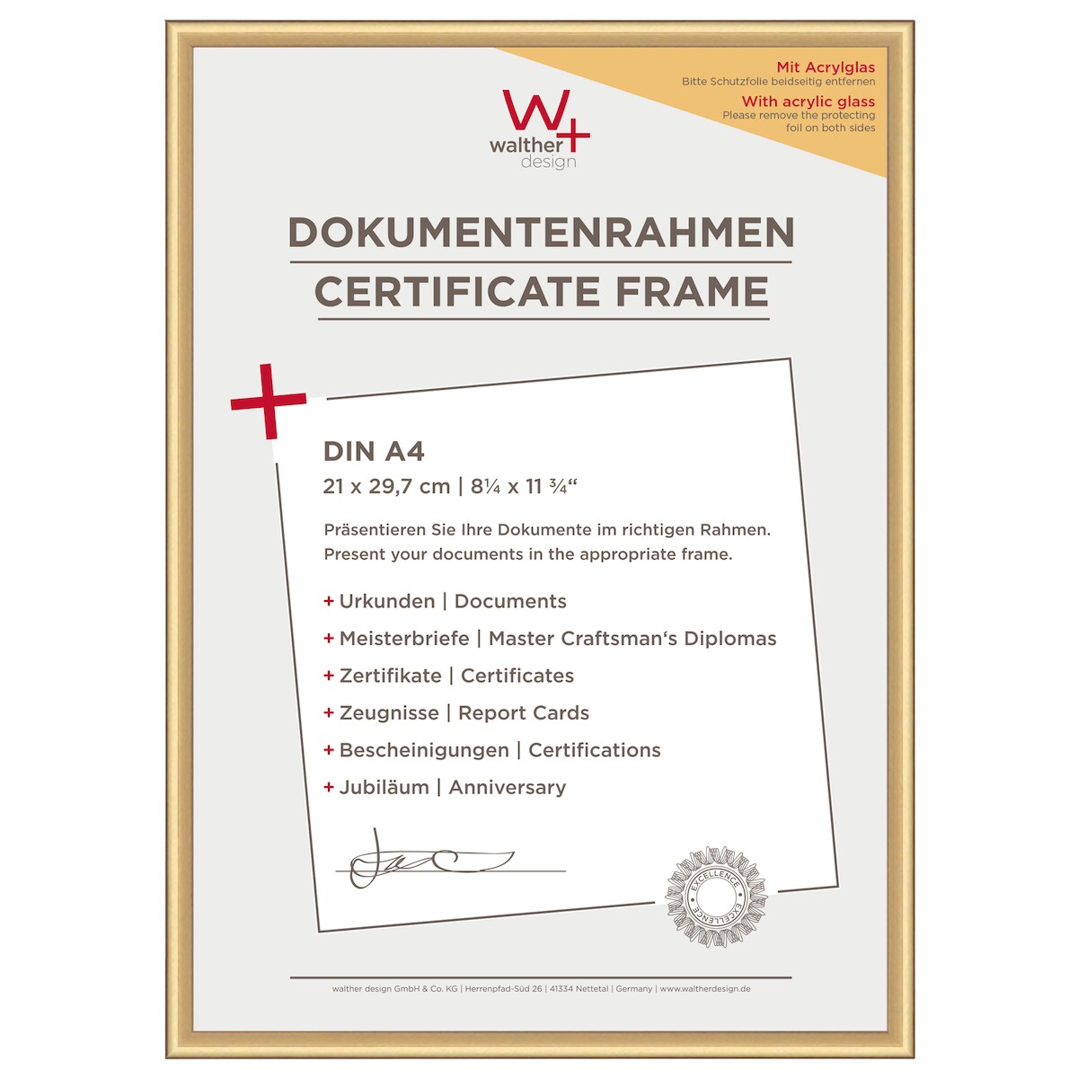 walther + design Lifestyle Kunststoff Bilderrahmen Kunstglas, gold, 21 x 29,7 cm Image