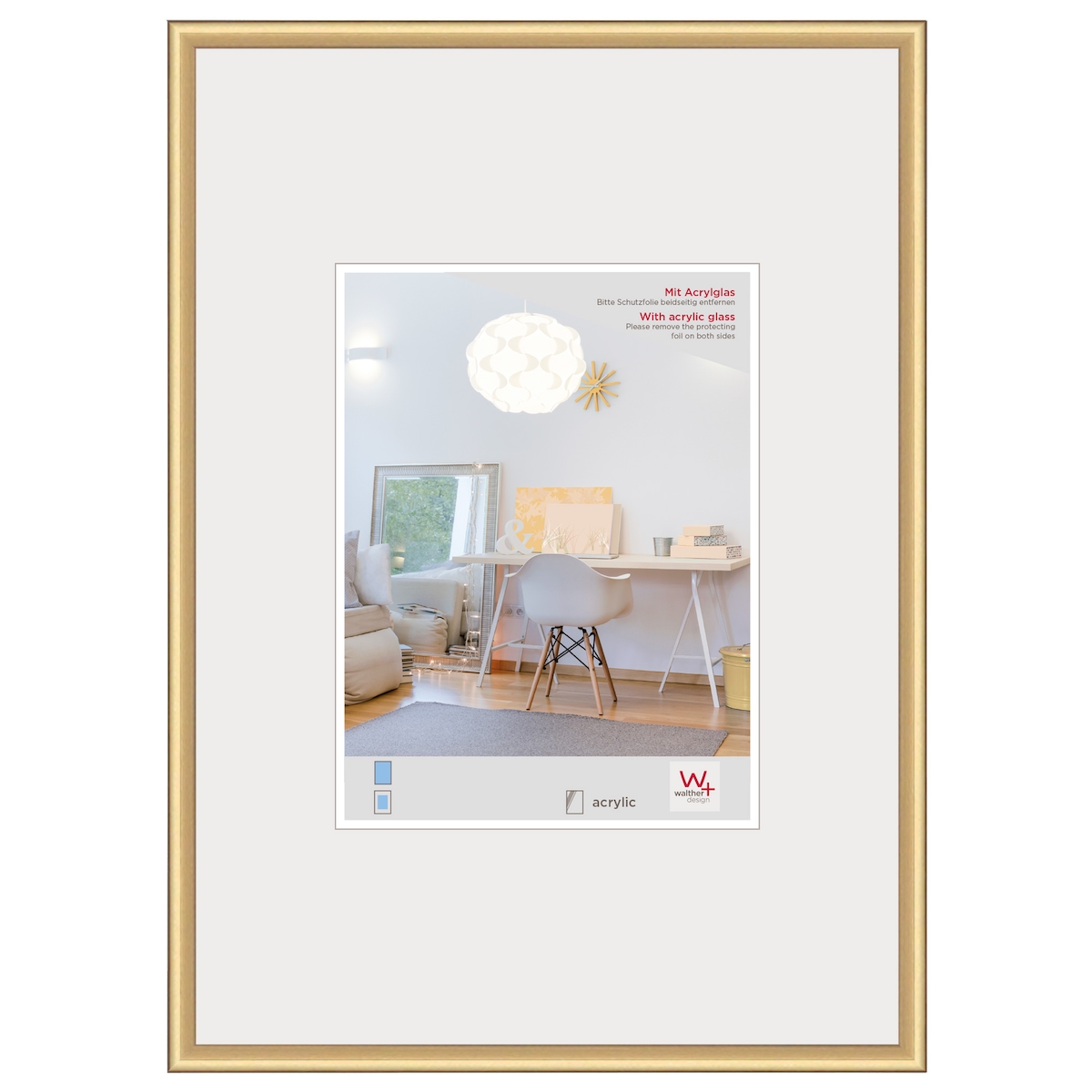 walther + design Lifestyle Kunststoff Bilderrahmen Kunstglas, gold, 50 x 70 cm Image