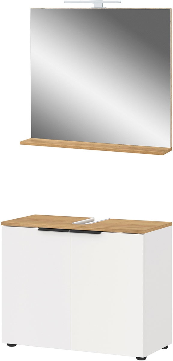 Badmöbel-Set ANDAS "Majtum bestehend aus Waschbeckenunterschrank & Spiegel", weiß (weiß, navarra, eiche, nachbildung), B:76cm H:200cm T:34cm, Glas, Spanplatte, Kastenmöbel-Sets, inkl. LED-Beleuchtung, Made in Germany Image