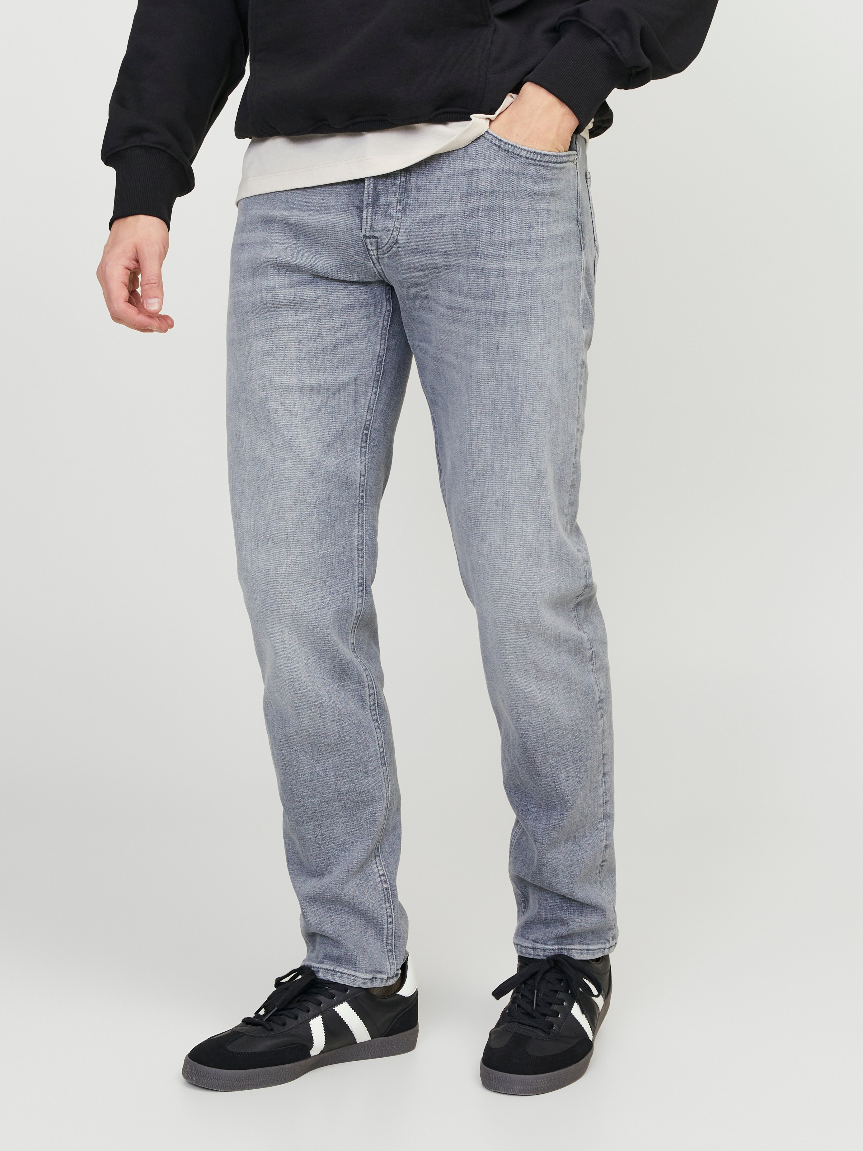 Tapered-fit-Jeans JACK & JONES "JJIMIKE JJORIGINAL CJ SN", Damen, Gr. 29, Länge 30, blau (grau denim), Denim/Jeans, Obermaterial: 95% Baumwolle, 3% Elastomultiester, 2% Elasthan, Abriebeffekte, bequem, Jeans, mit Five-Pocket-Design