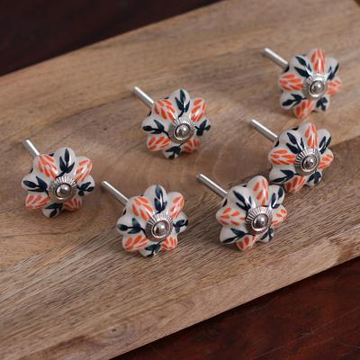 'Set of Six Hand-Painted Leafy Flower-Shaped Ceramic Knobs'
