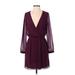 Express Casual Dress - Mini Plunge Long sleeves: Burgundy Print Dresses - Women's Size Small