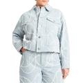 Plus Size Women's Distressed Embroidered Denim Jacket by ELOQUII in Light Wash (Size 16)