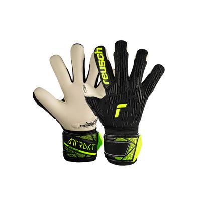 Torwarthandschuhe REUSCH "Attrakt Freegel Gold Junior", Kinder, Gr. 5, schwarz (schwarz, gelb), 55% Elastodien, 30% Polyester, 10% Polypropylen, 5% Polyurethan, mehrfarbig, sportlich, Handschuhe, mit Finger Support Evolution Negative Cut