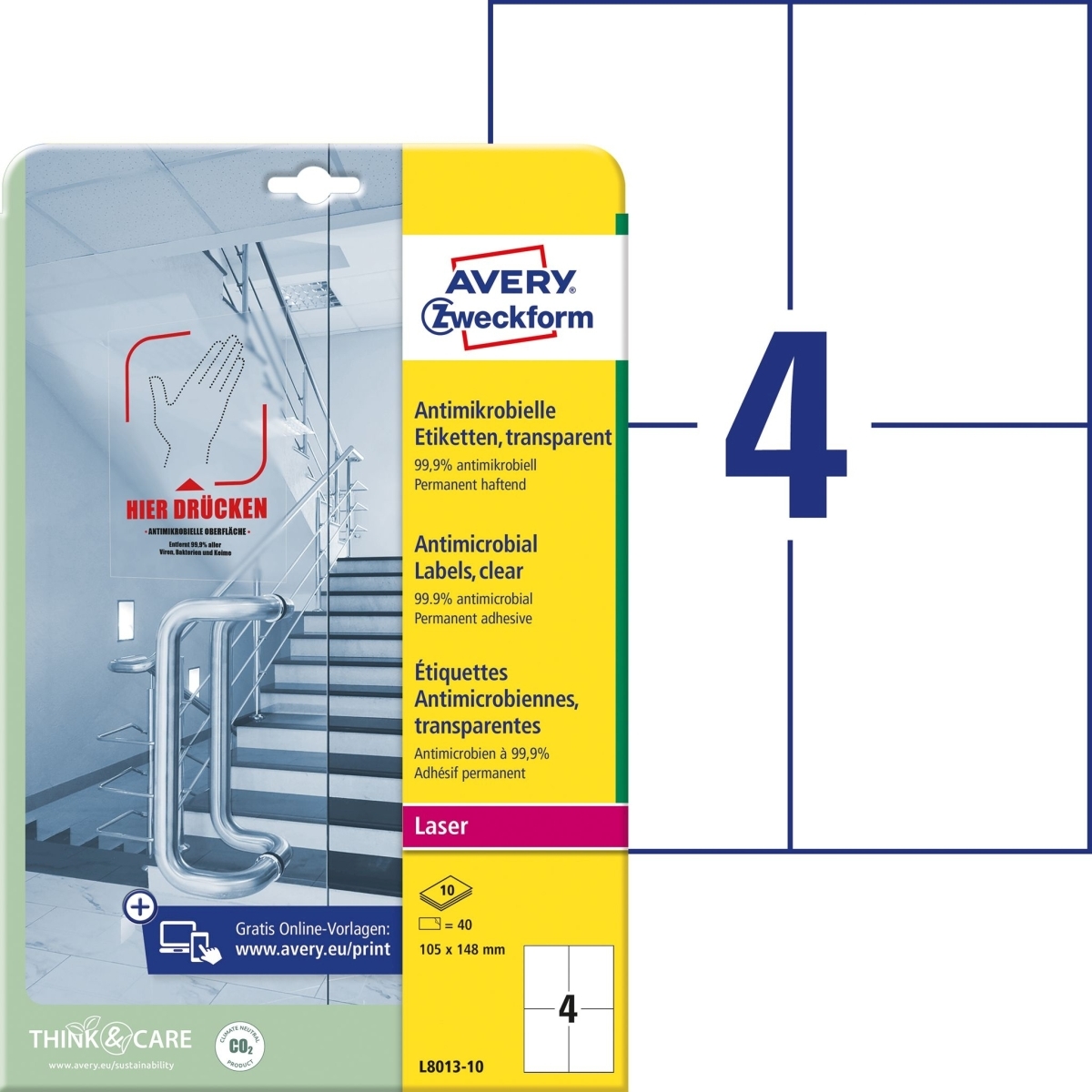 Avery Zweckform Etiketten antimikrobiell 105x148mm permanent transparent VE=10 Bogen/40 Stück Image