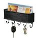 Wall Mount Metal Entryway Storage Organizer Mail Sorter Basket with 5 Hooks - Letter Magazine Coat Leash and Key Holder for Entryway Mudroom Hallway Kitchen Office - Black