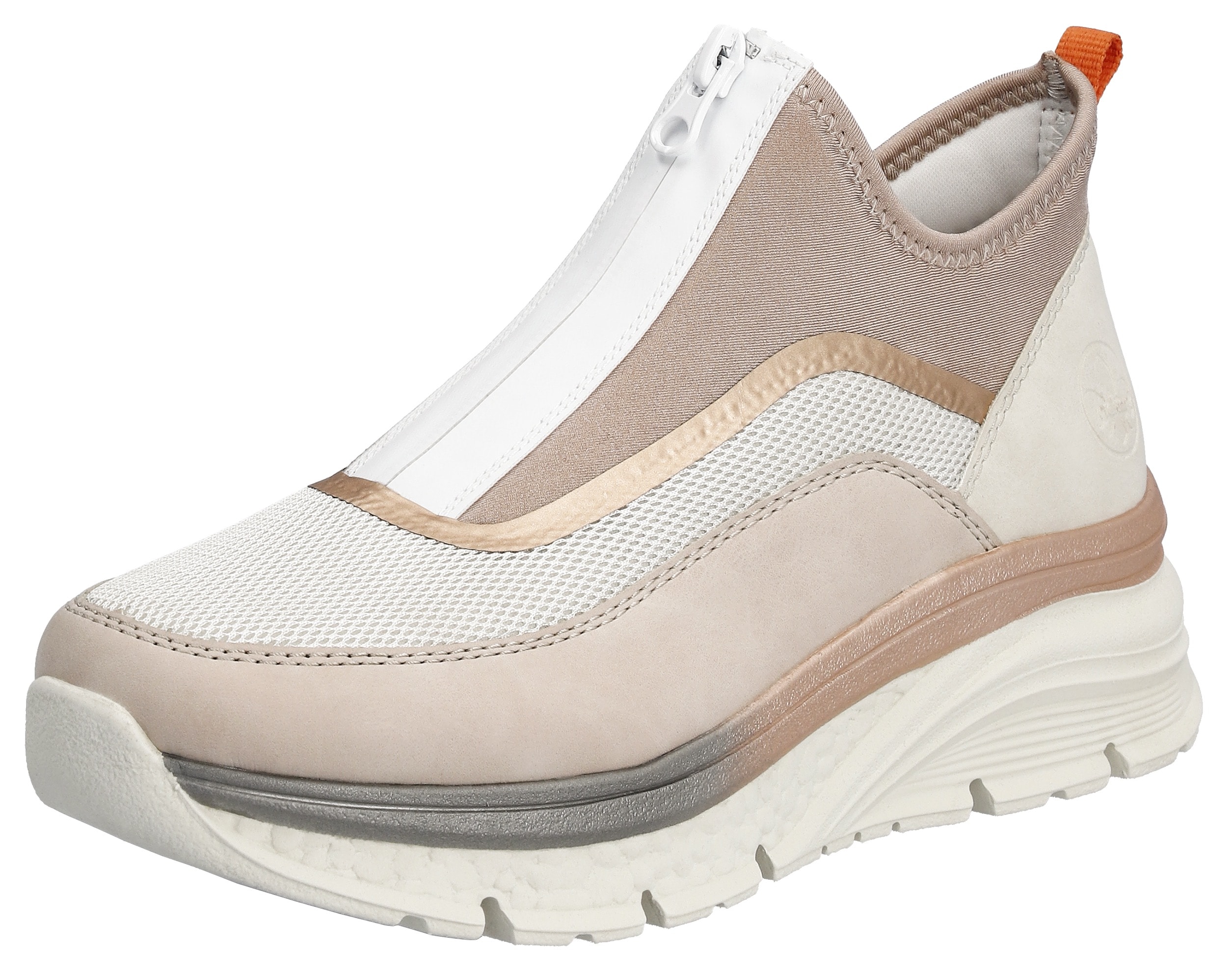 Schlupfboots RIEKER, Damen, Gr. 38, beige (beige kombiniert), Nubuklederimitat, Textil, Schuhe Schlupfboots, Keilabsatz, Freizeitschuh, High Top-Sneaker, Reißverschluss