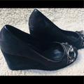 Coach Shoes | Coach Issy Velvet Wedge Heels~Size 8~Black~ Coach C Print~Excellent Condition | Color: Black/Silver | Size: 8