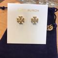 Tory Burch Jewelry | Authentic Tory Burch Logo Stud Gold Tone Earrings- New On Card W/Pouch | Color: Gold | Size: Os
