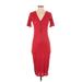 Trafaluc by Zara Casual Dress - Midi Plunge Short sleeves: Red Solid Dresses - Women's Size Small