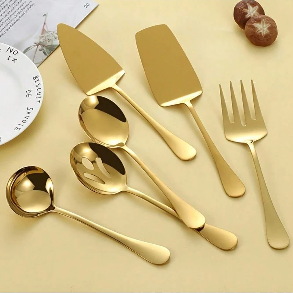 Ustensiles de cuisine en acier inoxydable, cuillère de service dorée, cuillère à fente, spatule à fente, casserole, cuillère à soupe, fourchette, ensemble d'outils de cuisine