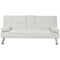 3-Sitzer Sofa Hellbeige Stoffbezug Gesteppt mit Schlaffunktion Integriertem Tisch Klapparmlehne Modern Skandi Wohnzimmer Schlafsofa Sofabett