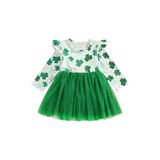 FOCUSNORM Baby Girls St. Patrick s Day Dress Casual Long Sleeve Print Tulle Ruffled Ruffle One Piece Clothes