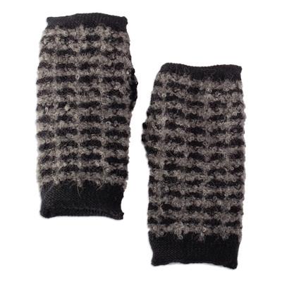 'Square-Pattern Black and Grey Alpaca Blend Fingerless Mitts'