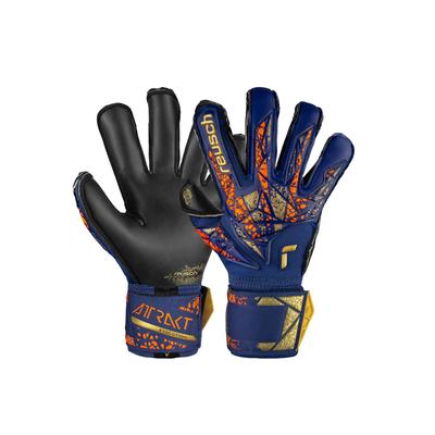 Torwarthandschuhe REUSCH "Attrakt Gold X Evolution", Damen, Gr. 8, bunt (goldfarben, blau), 74% Elastodien, 21% Polyester, 5% Polyamid, mehrfarbig, sportlich, Handschuhe, mit Evolution Cut Image