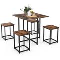 COSTWAY Dining Table and 4 Stool Set, 5-Piece Industrial Breakfast Table Chair Set with Foot Pads, Metal Frame Square Dining Room Furniture for Home Kitchen Bar (Coffee + Black)