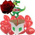 Romantic You're Dino-mite 42" Helium Inflated Balloon with 12 Mini Red Heart Air-Filled Balloons and Single Luxury Red Rose all delivered in a box