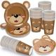 Yungyan 98 Pcs Brown Bear Birthday Decorations Bear Party Favors, Bear Party Decorations Bear Baby Shower Party Supplies Including Bear Paper Plates Napkins Cups for 24 Guest