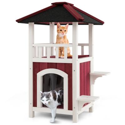 Costway 2-Story Wooden Cat House with Asphalt Roof Balcony and Rain Curtain-Red & White