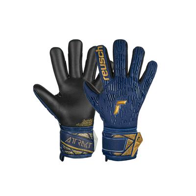 Torwarthandschuhe REUSCH "Attrakt Freegel Silver", Damen, Gr. 9, bunt (goldfarben, blau), 56% Elastodien, 34% Polyester, 5% Polyurethan, mehrfarbig, sportlich, Handschuhe, mit Evolution Negative Cut