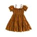 Canrulo Toddler Baby Girls Summer A-line Dress Short Sleeve Off-Shoulder Spaghetti Straps Casual Loose Pleated Dress Brown 2-3 Years