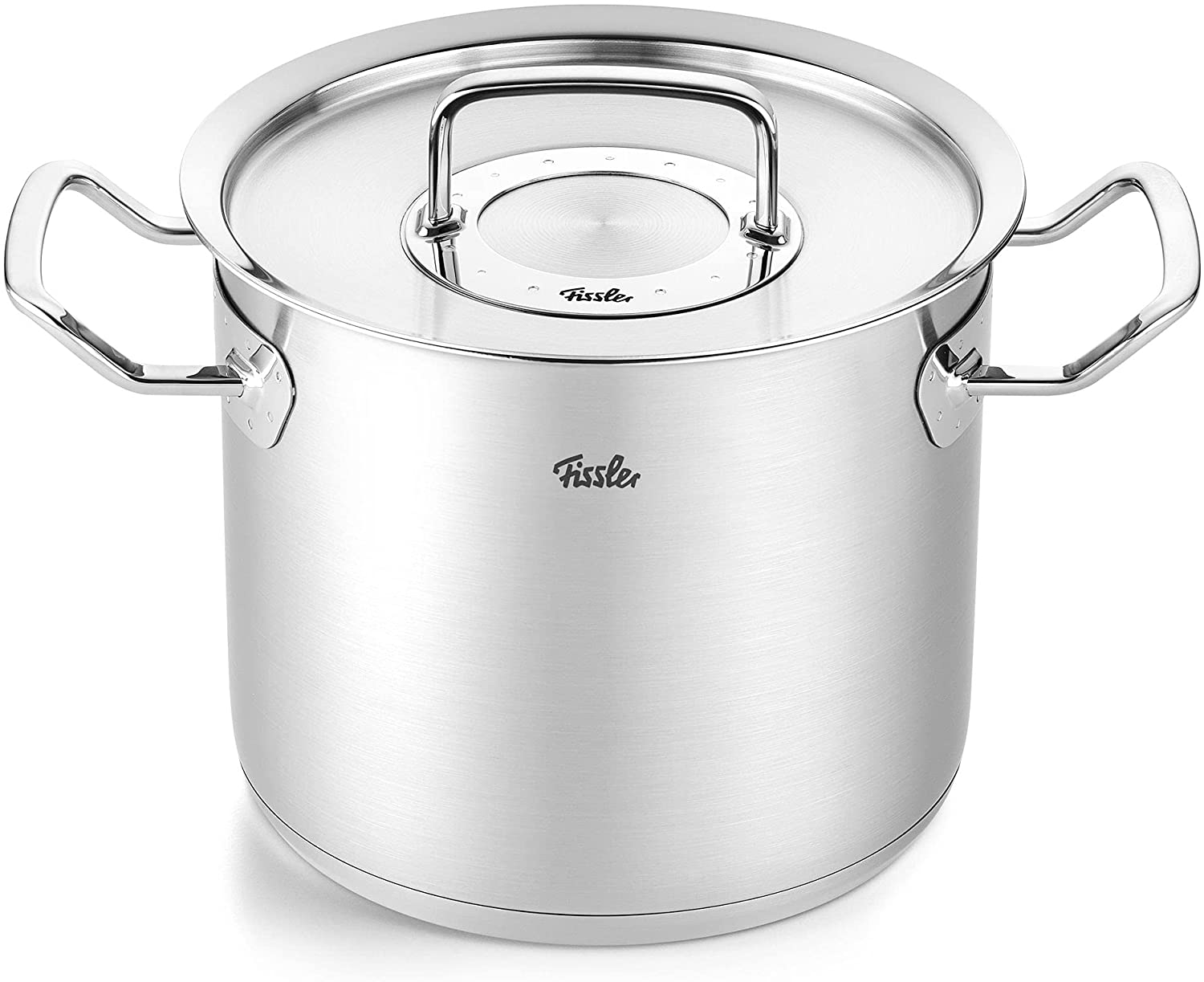 Kochtopf FISSLER "ORIGINAL-PROFI COLLECTION hoher Kochtopf", silber (silberfarben), Ø:24cm, Töpfe, Suppentopf, mit breitem Schüttrand, Kaltmetallgriffen. Made in Germany Image
