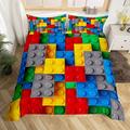 Colorful Toy Bedding Set 3D Building Blocks Pattern Duvet Cover Kids Boys Toy Bricks Comforter Cover Set Double Size Fun Brick Bedspread Cover Gradient Watercolor Bedroom Decor Red Yellow Blue Grey