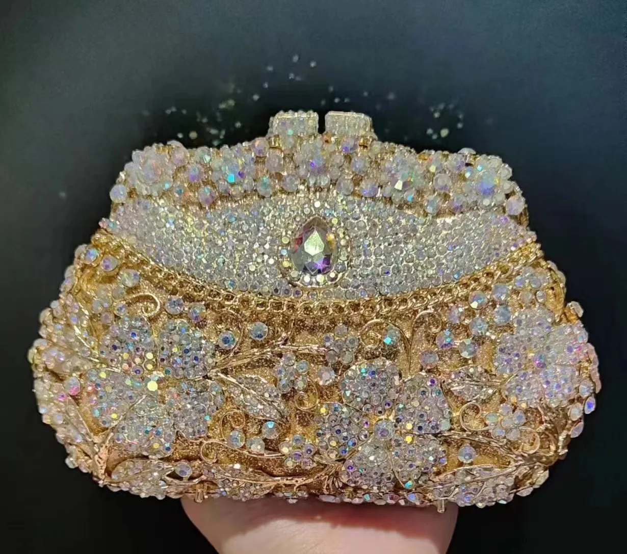 Sac de soirée en métal doré pour femmes, fleur et diamant, bourse de mariage en cristal, sacs à main de fête, strass, pochettes formelles de bal, Minaudiere