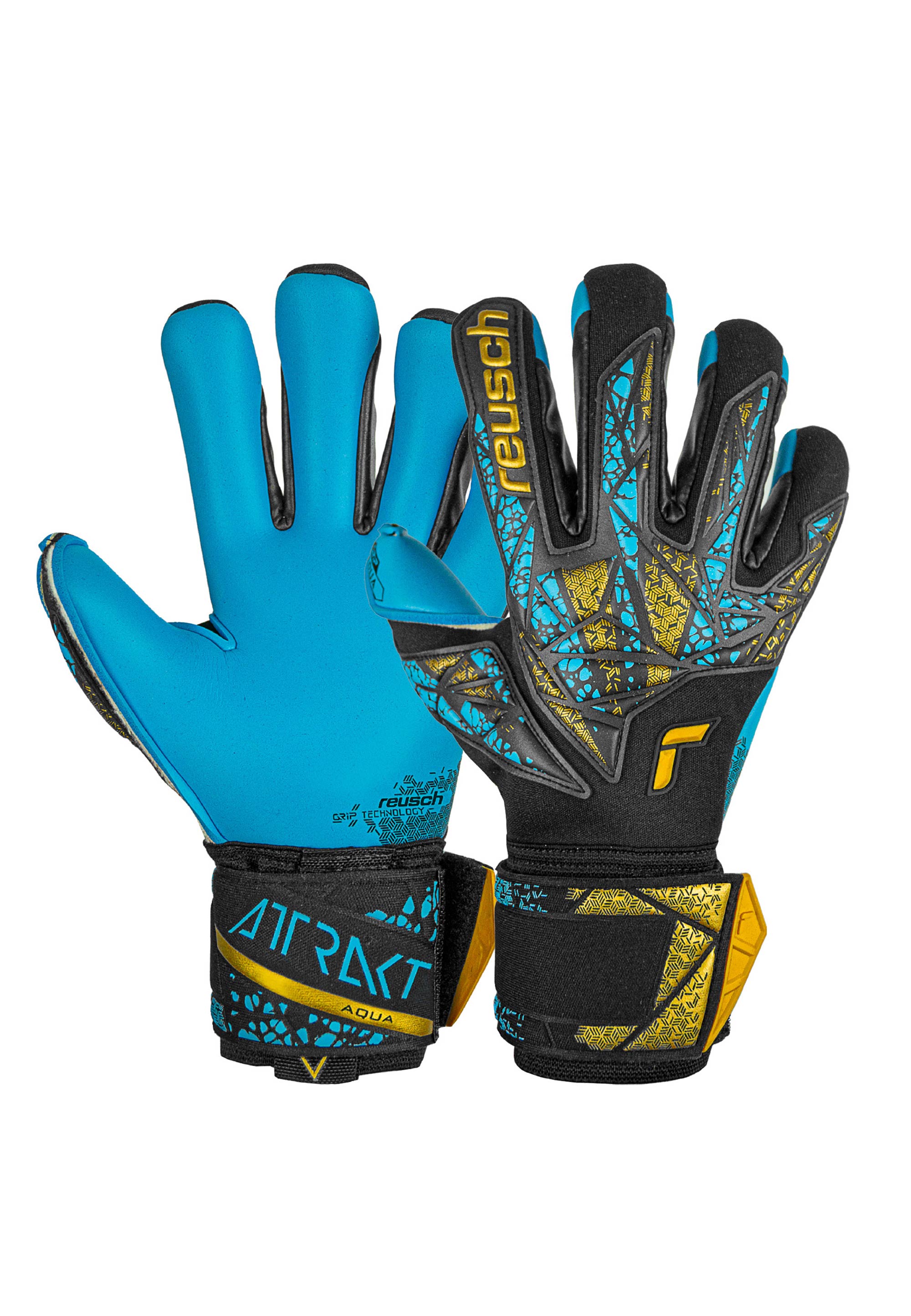 Torwarthandschuhe REUSCH "Attrakt Aqua Finger Support", Damen, Gr. 11, gold (schwarz, goldfarben), 55% Elastodien, 15% Polyester, 15% Polypropylen, 15% Polyamid, mehrfarbig, sportlich, Handschuhe, mit Evolution Negative Cut Image